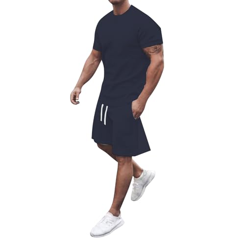 Gienslru Trainingsanzug Herren Sommer 2 Teiler Einfarbig Jogginganzüge Set Streatwear Zweiteiler Outfit Lässiger Rundhals Freizeitanzug Hausanzug Activewear Sport Tracksuit von Gienslru