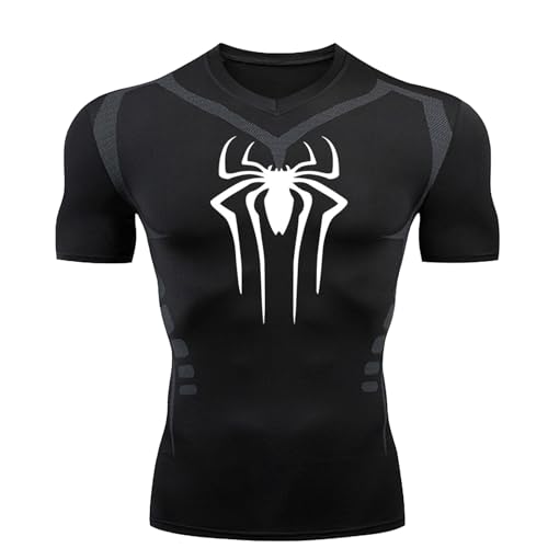 Herren Spider Print Kompressionsshirt, schnell trocknendes T-Shirt, Gym Lauftrikot, atmungsaktiv Kurzarm, Frühling, Sommer Bodybuilding-T-Shirts für Herren, Top, modisch, Workout von Gienslru