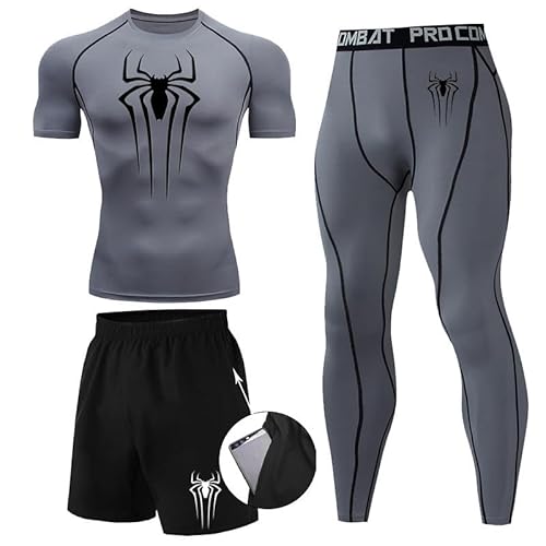 Kompressionsshirt Herren Spider Print T-Shirt + Shorts + Jogginghose Dreiteiliges Set Schnell Trocknendes Gym Lauftrikot Atmungsaktiv Kurzarm fur Junge Frühling Sommer Bodybuilding Sportbekleidung Set von Gienslru