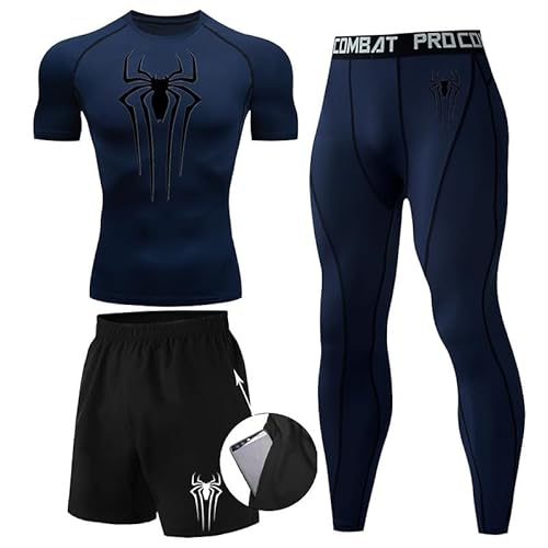 Kompressionsshirt Herren Spider Print T-Shirt + Shorts + Jogginghose Dreiteiliges Set Schnell Trocknendes Gym Lauftrikot Atmungsaktiv Kurzarm fur Junge Frühling Sommer Bodybuilding Sportbekleidung Set von Gienslru