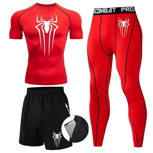 Kompressionsshirt Herren Spider Print T-Shirt + Shorts + Jogginghose Dreiteiliges Set Schnell Trocknendes Gym Lauftrikot Atmungsaktiv Kurzarm fur Junge Frühling Sommer Bodybuilding Sportbekleidung Set von Gienslru