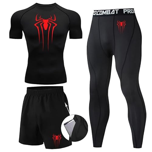 Kompressionsshirt Herren Spider Print T-Shirt + Shorts + Jogginghose Dreiteiliges Set Schnell Trocknendes Gym Lauftrikot Atmungsaktiv Kurzarm fur Junge Frühling Sommer Bodybuilding Sportbekleidung Set von Gienslru
