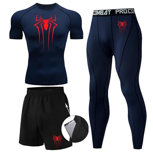 Kompressionsshirt Herren Spider Print T-Shirt + Shorts + Jogginghose Dreiteiliges Set Schnell Trocknendes Gym Lauftrikot Atmungsaktiv Kurzarm fur Junge Frühling Sommer Bodybuilding Sportbekleidung Set von Gienslru