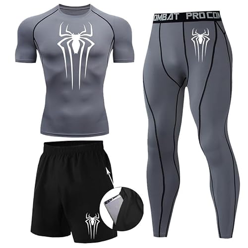 Kompressionsshirt Herren Spider Print T-Shirt + Shorts + Jogginghose Dreiteiliges Set Schnell Trocknendes Gym Lauftrikot Atmungsaktiv Kurzarm fur Junge Frühling Sommer Bodybuilding Sportbekleidung Set von Gienslru