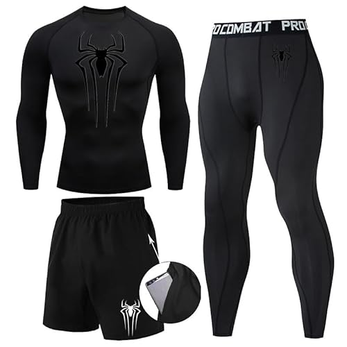 Kompressionsshirt Herren Spider Print T-Shirt + Shorts + Jogginghose Dreiteiliges Set Schnell Trocknendes Gym Lauftrikot Atmungsaktiv Kurzarm fur Junge Frühling Sommer Bodybuilding Sportbekleidung Set von Gienslru
