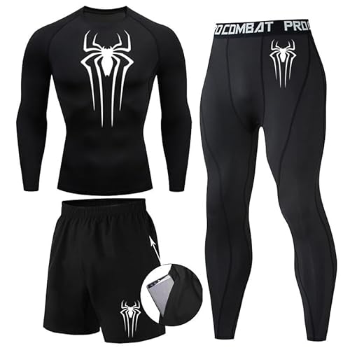 Kompressionsshirt Herren Spider Print T-Shirt + Shorts + Jogginghose Dreiteiliges Set Schnell Trocknendes Gym Lauftrikot Atmungsaktiv Kurzarm fur Junge Frühling Sommer Bodybuilding Sportbekleidung Set von Gienslru