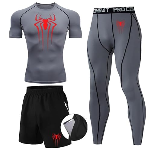 Kompressionsshirt Herren Spider Print T-Shirt + Shorts + Jogginghose Dreiteiliges Set Schnell Trocknendes Gym Lauftrikot Atmungsaktiv Kurzarm fur Junge Frühling Sommer Bodybuilding Sportbekleidung Set von Gienslru
