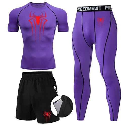 Kompressionsshirt Herren Spider Print T-Shirt + Shorts + Jogginghose Dreiteiliges Set Schnell Trocknendes Gym Lauftrikot Atmungsaktiv Kurzarm fur Junge Frühling Sommer Bodybuilding Sportbekleidung Set von Gienslru