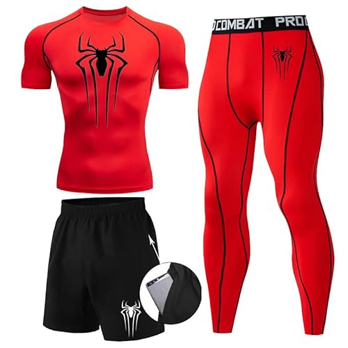 Kompressionsshirt Herren Spider Print T-Shirt + Shorts + Jogginghose Dreiteiliges Set Schnell Trocknendes Gym Lauftrikot Atmungsaktiv Kurzarm fur Junge Frühling Sommer Bodybuilding Sportbekleidung Set von Gienslru