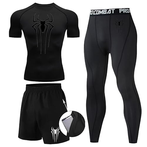 Kompressionsshirt Herren Spider Print T-Shirt + Shorts + Jogginghose Dreiteiliges Set Schnell Trocknendes Gym Lauftrikot Atmungsaktiv Kurzarm fur Junge Frühling Sommer Bodybuilding Sportbekleidung Set von Gienslru