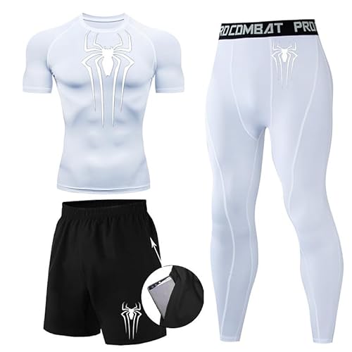 Kompressionsshirt Herren Spider Print T-Shirt + Shorts + Jogginghose Dreiteiliges Set Schnell Trocknendes Gym Lauftrikot Atmungsaktiv Kurzarm fur Junge Frühling Sommer Bodybuilding Sportbekleidung Set von Gienslru