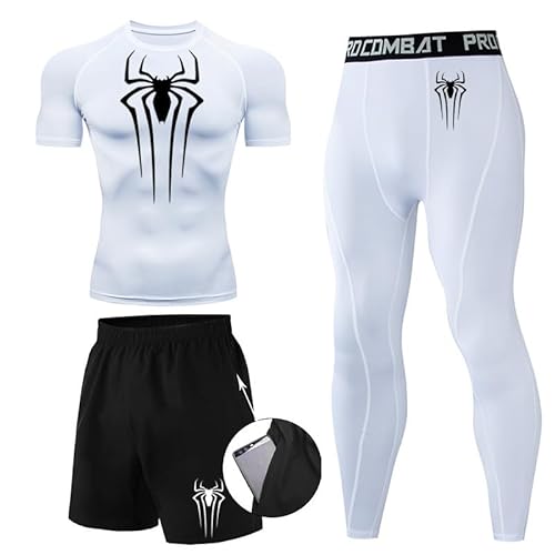 Kompressionsshirt Herren Spider Print T-Shirt + Shorts + Jogginghose Dreiteiliges Set Schnell Trocknendes Gym Lauftrikot Atmungsaktiv Kurzarm fur Junge Frühling Sommer Bodybuilding Sportbekleidung Set von Gienslru
