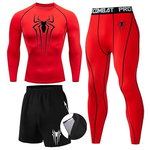 Kompressionsshirt Herren Spider Print T-Shirt + Shorts + Jogginghose Dreiteiliges Set Schnell Trocknendes Gym Lauftrikot Atmungsaktiv Kurzarm fur Junge Frühling Sommer Bodybuilding Sportbekleidung Set von Gienslru