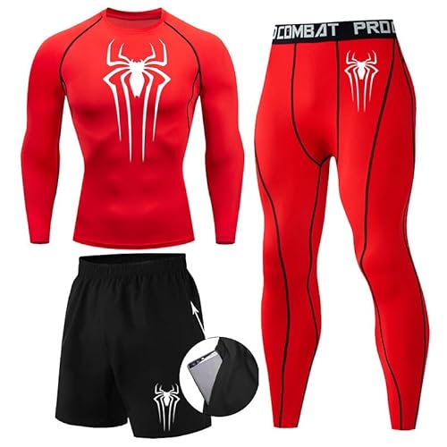 Kompressionsshirt Herren Spider Print T-Shirt + Shorts + Jogginghose Dreiteiliges Set Schnell Trocknendes Gym Lauftrikot Atmungsaktiv Kurzarm fur Junge Frühling Sommer Bodybuilding Sportbekleidung Set von Gienslru