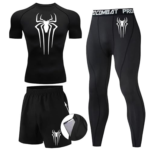 Kompressionsshirt Herren Spider Print T-Shirt + Shorts + Jogginghose Dreiteiliges Set Schnell Trocknendes Gym Lauftrikot Atmungsaktiv Kurzarm fur Junge Frühling Sommer Bodybuilding Sportbekleidung Set von Gienslru