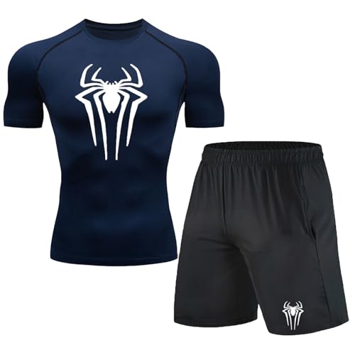 Kompressionsshirt Herren Spider Print T-Shirt und Shorts Zweiteiliges Schnell Trocknendes Gym Lauftrikot Atmungsaktiv Kurzarm fur Junge Frühling Sommer Bodybuilding Modisch Workout Sportbekleidung Set von Gienslru