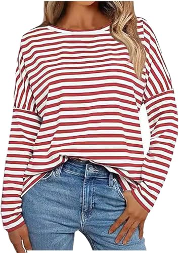 Langarmshirt Damen Oversized Y2K Basic Oberteil Karneval Kostüm Ringelshirt Rot Weiss Rundhals Shirt Matrosen Gestreiftes Bluse Fasching Tshirt Bequem Tunika Pyjama Kleidung Festliche Blusenshirt von Gienslru