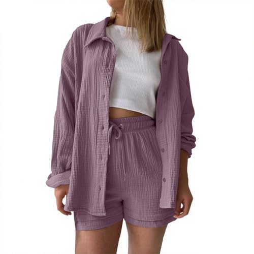 Musselin Bluse Zweiteiler Damen Lang 2 Teiler Set Sommer Leinen Jogginganzug Tunika Oberteil Lounge Sets Musselinbluse und Kurze Hose Strand Outfit Two Piece Tops Hemd und Sport Shorts Elegant von Gienslru