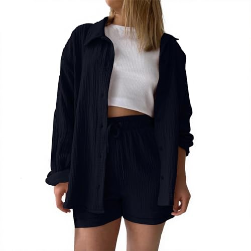 Musselin Bluse Zweiteiler Damen Lang& Kurze Sommer 2 Teiler Set Leinen Jogginganzug Tunika Oberteil+Kurze Hose Lounge Sets Strand Outfit Loungewear Trainingsanzug Hemd und Sport Shorts Elegant Y2k von Gienslru