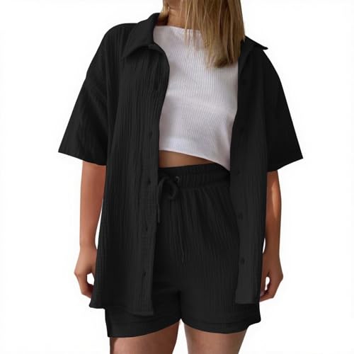 Musselin Bluse Zweiteiler Damen Lang& Kurze Sommer 2 Teiler Set Leinen Jogginganzug Tunika Oberteil+Kurze Hose Lounge Sets Strand Outfit Loungewear Trainingsanzug Hemd und Sport Shorts Elegant Y2k von Gienslru