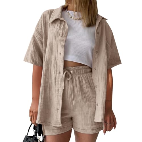 Musselin Bluse Zweiteiler Damen Lang& Kurze Sommer 2 Teiler Set Leinen Jogginganzug Tunika Oberteil+Kurze Hose Lounge Sets Strand Outfit Loungewear Trainingsanzug Hemd und Sport Shorts Elegant Y2k von Gienslru