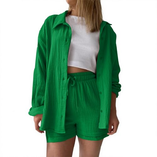 Musselin Bluse Zweiteiler Damen Lang& Kurze Sommer 2 Teiler Set Leinen Jogginganzug Tunika Oberteil+Kurze Hose Lounge Sets Strand Outfit Loungewear Trainingsanzug Hemd und Sport Shorts Elegant Y2k von Gienslru