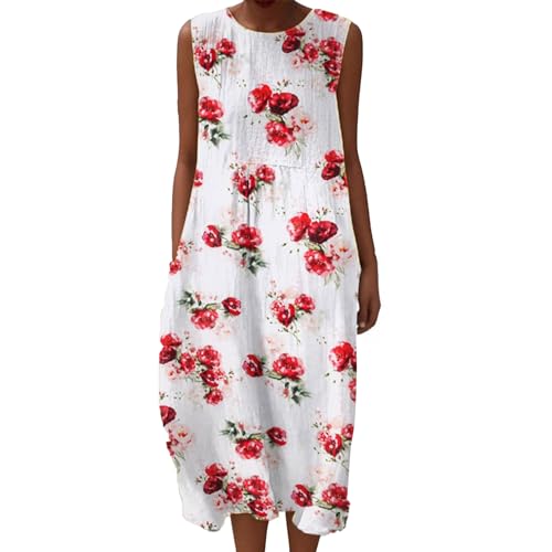 Musselin Kleide Damen Leinen Kleider Damen Sommer Blumendruck Maxi Sommerkleid Ärmellos Bedruckt Musselinkleid Freizeit Midikleid Elegant Freizeitkleid Luftige Strandkleid Baumwolle mit Taschen von Gienslru