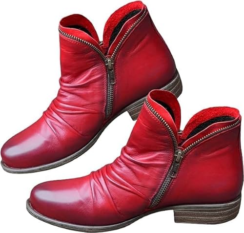 Stiefeletten Damen Westernstiefel Kurzstiefel Leder Cowboystiefel Orthopädische Boots mit Zipper Bequem Slip on Mittelalter Barfuss Schuhe Winter Herbstschuhe Blockabsatz Übergangsstiefel (39,A) von Gienslru