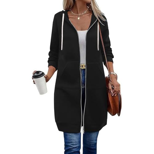 Sweatjacke Damen Jacke Fleece Hoodie mit Kapuze Lang Herbst Winter Zipper Übergangsjacke Casual Oversize Sweatshirt Kapuzenjacke Locker Kapuzenpullover mit Reißverschluss und Taschen Sportjacke von Gienslru