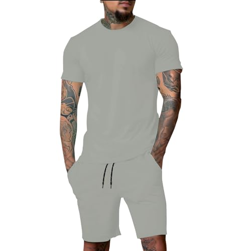 Trainingsanzug Herren Jogginganzug mit Kurzer Hose 2 Teiler Baggy Sportanzug Einfarbig Fußball Set für Gym Casual Outfit Vintage Sweatsuits Men Atmungsaktiv Mesh Hausanzug Tracksuit Strand von Gienslru
