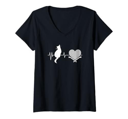 Damen Katze häkeln Herzschlag Lustiges Garn Handwerk Liebhaber T-Shirt mit V-Ausschnitt Damen Katze häkeln Herzschlag Lustiges Garn Handwerk Liebhaber T-Shirt mit V-Ausschnitt von Gift For Cat Crochet Lovers