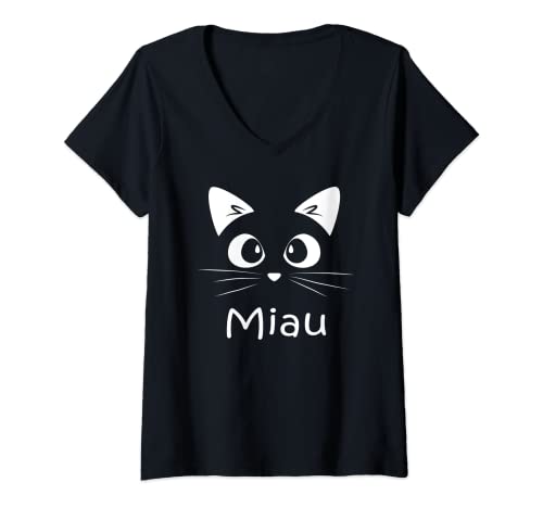 Damen Miau Katzen T-Shirt mit V-Ausschnitt Damen Miau Katzen T-Shirt mit V-Ausschnitt von Gift Idea - Outfit - Funny - Women Men - Cat Miau
