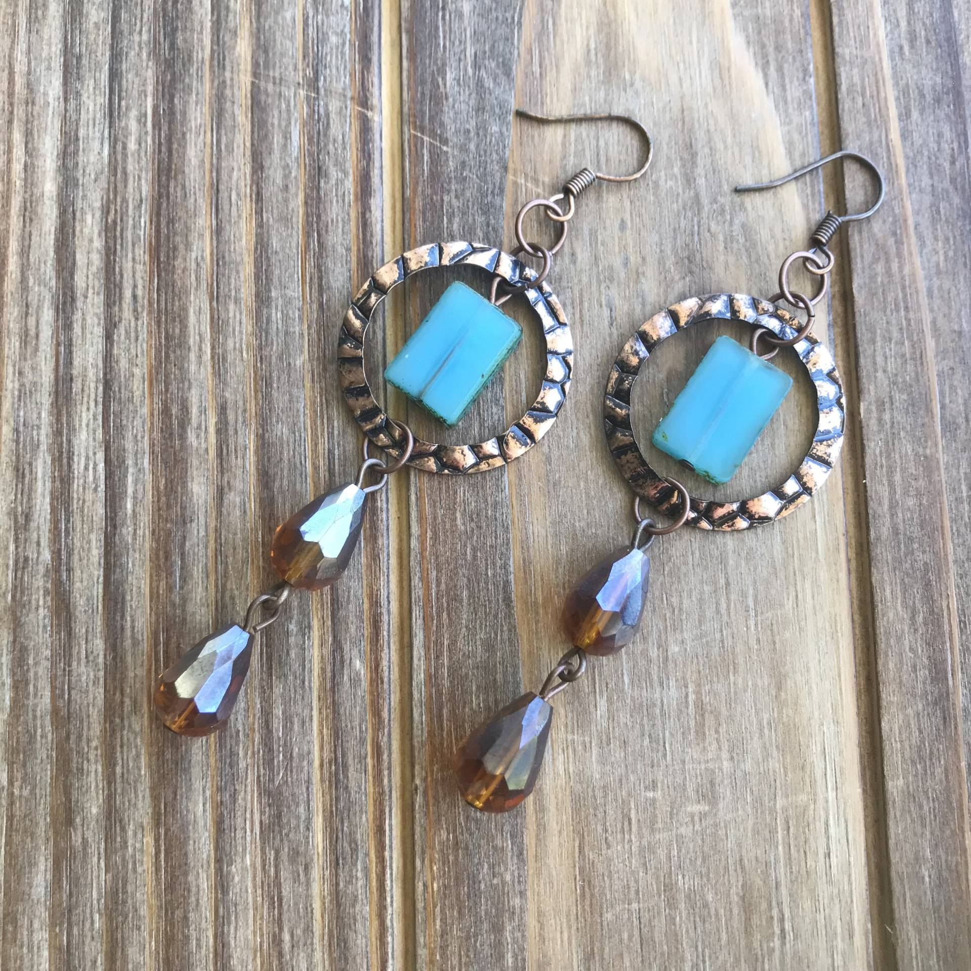 Blaues Glas Mit Topas Tropfen Kristall Kupfer Ohrringe Blaues Glas Mit Topas Tropfen Kristall Kupfer Ohrringe von GiftGalleria