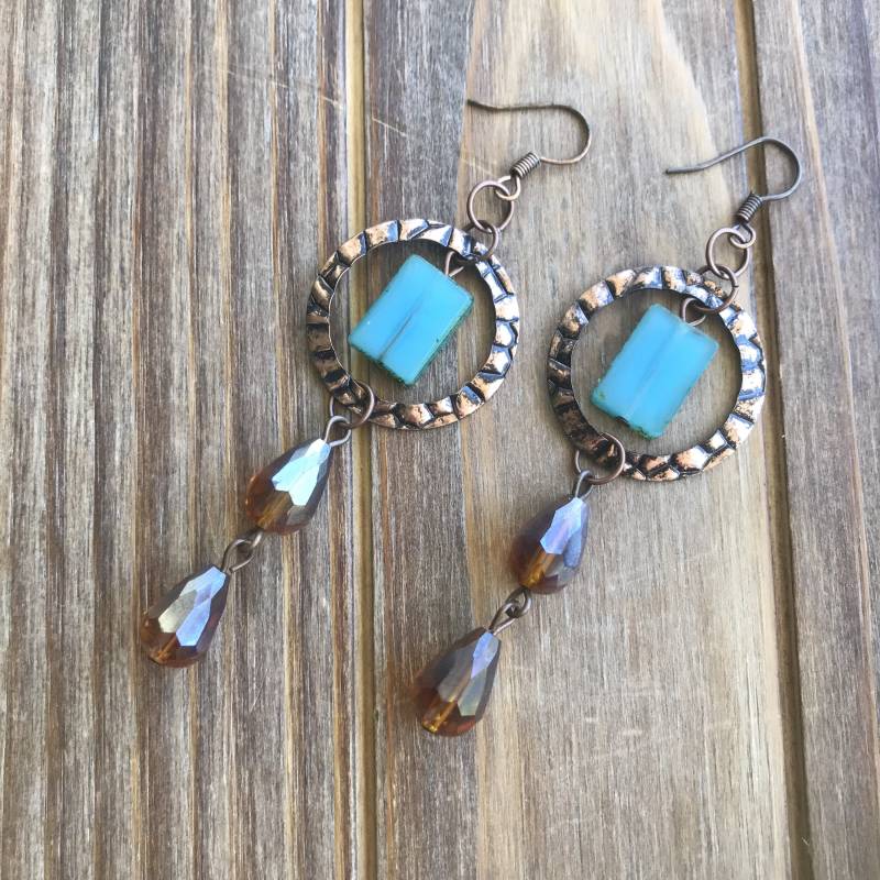 Blaues Glas Mit Topas Tropfen Kristall Kupfer Ohrringe von GiftGalleria