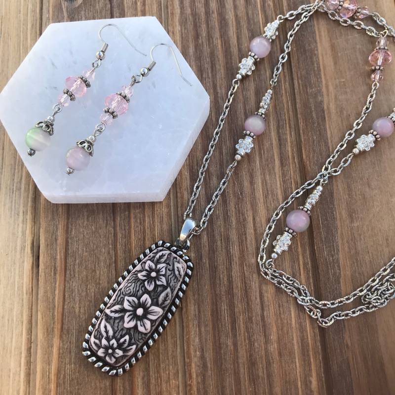 Rosa Glas Und Katzenaugen Halskette Ohrringe Set von GiftGalleria