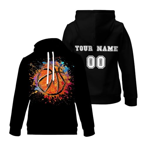 GiftRomance Basketball Kapuzenpullover für Kinder – Jungen Hoodie mit Farbklecks Design – Personalisiert mit Name & Nummer – Größen 122–152 von GiftRomance
