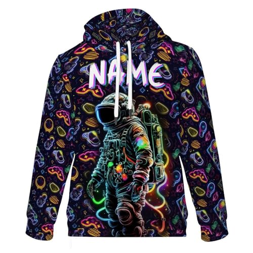 GiftRomance Personalisierter Astronaut Hoodie für Jungen – Kinder Kapuzenpullover mit Namen – Weltraum All Over Print Sweatshirt – Größen 122–152 von GiftRomance