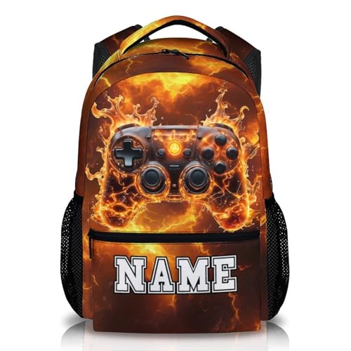 GiftRomance Personalisierter Gaming Rucksack für Kinder mit Name – 17 Zoll Schulrucksack für Jungen – Game Controller Design mit orangem Blitz-Hintergrund von GiftRomance