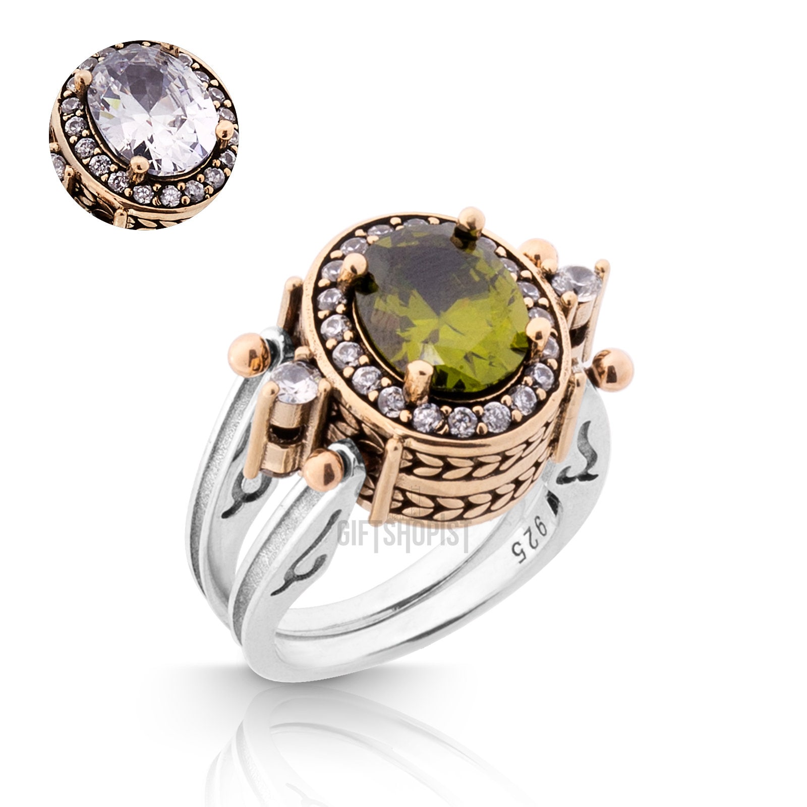 Außergewöhnlicher Ring Zwei in Einem Eins-Ring Reversible Ottoman Art Oval Cut Olive Peridot Und Weiße Glänzende Topas-Frauen-Geschenk-Ring Alle von GiftableDesign