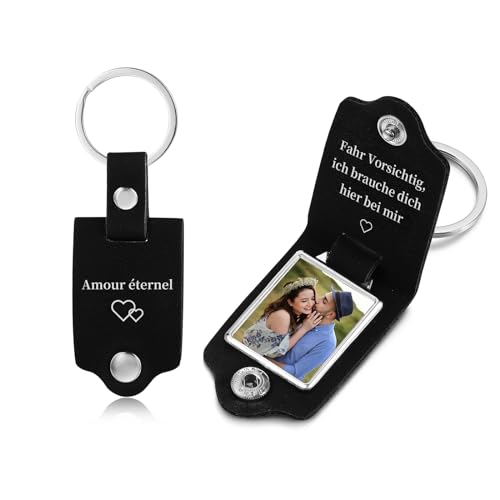 Giftider Personalisierter Schlüsselanhänger mit Foto Edelstahl Leder Text Foto-Schlüsselanhänger für Paare Familie Freunde Geschenk zum Muttertag Vatertag (black) von Giftider