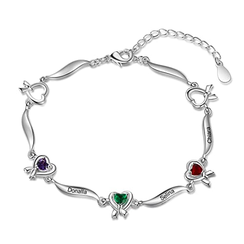 Personalisierte Damen Armband Silber 925 Herz Anhänger mit Gravur 1-6 Name Birthstone Einstellbare Frauen Tochter Armbänder Schmuck Geschenk für Muttertag Geburtstag Weihnachten (3 Name 3 Stone) von Giftider