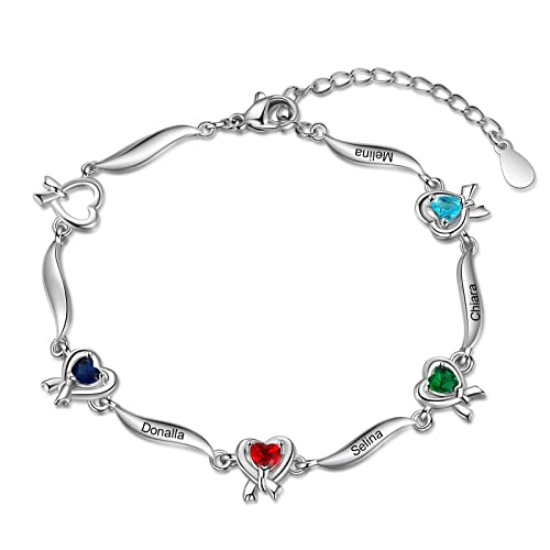 Personalisierte Damen Armband Silber 925 Herz Anhänger mit Gravur 1-6 Name Birthstone Einstellbare Frauen Tochter Armbänder Schmuck Geschenk für Muttertag Geburtstag Weihnachten (4 Name 4 Stone) von Giftider