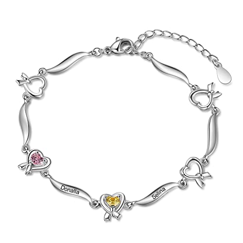 Personalisierte Damen Armband Silber 925 Herz Anhänger mit Gravur 3 Name Birthstone Einstellbare Frauen Tochter Armbänder Schmuck Geschenk für Muttertag Geburtstag Weihnachten (2 Name 2 Stone) von Giftider