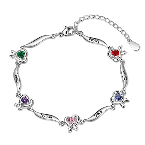 Personalisierte Damen Armband Silber 925 Herz Anhänger mit Gravur 3 Name Birthstone Einstellbare Frauen Tochter Armbänder Schmuck Geschenk für Muttertag Geburtstag Weihnachten (5 Name 5 Stone) von Giftider