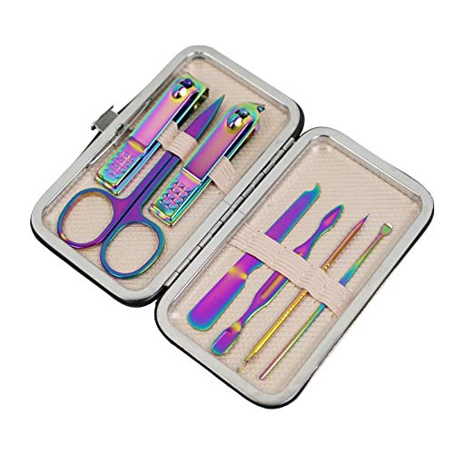 Giftik 7-teiliges Regenbogen-Maniküre-Set für Frauen, professionelle Edelstahl-Nagelknipser, Pediküre-Set für Mädchen, tragbare Tasche für Reisen und Zuhause (7-teilig) von Giftik