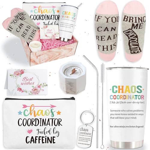 Chaos-Koordinator-Geschenk-Set für Damen, 590 ml, isolierter Becher, Kosmetikbeutel, Duftkerzen, Geburtstagsgeschenk, Dankeschön-Geschenk für Chef, Mentoren, Kollegen, Manager, Lehrer, von GiftoBi