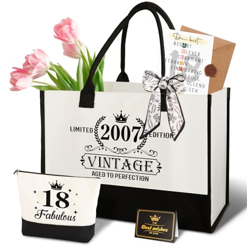 Giftota 18. Geburtstag Geschenk Mädchen – Vintage 2007 Canvas Einkaufstasche Tragetasche & Kosmetiktasche Set mit Grußkarte – 18. Geburtstagsgeschenk für Tochter, Schwester oder Nichte für Frauen von Giftota