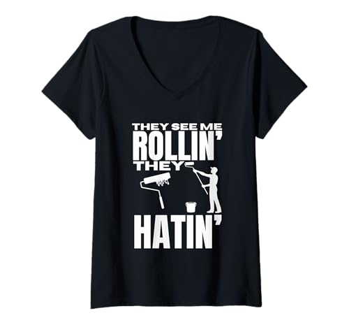 Damen Sie sehen Mich Rollen Lustiger Hausmaler T-Shirt mit V-Ausschnitt von Gifts For Painters Men