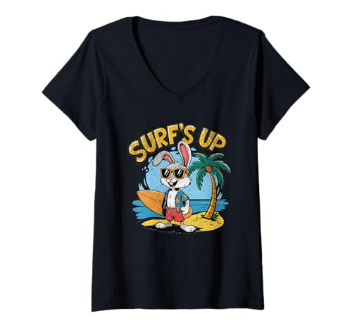 Damen Surfs Up Bunny Rabbit Surfer Surfbrett Sommer Retro Surfen T-Shirt mit V-Ausschnitt Damen Surfs Up Bunny Rabbit Surfer Surfbrett Sommer Retro Surfen T-Shirt mit V-Ausschnitt von Gifts For Surfers