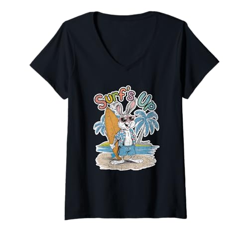 Damen Surfs Up Bunny Rabbit Surfer Surfbrett Sommer Retro Surfen T-Shirt mit V-Ausschnitt Damen Surfs Up Bunny Rabbit Surfer Surfbrett Sommer Retro Surfen T-Shirt mit V-Ausschnitt von Gifts For Surfers